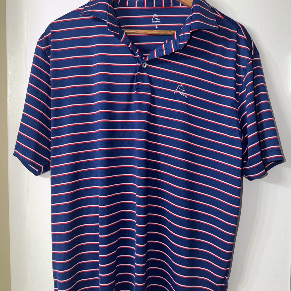 Men’s Rhoback Performance Polo Shirt Blue Red Striped Size L Golf